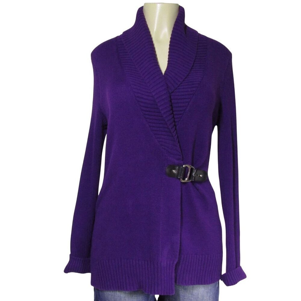 LAUREN RALPH LAUREN Shawl Cardigan Sweater Leather buckle Equestrian Purple M